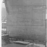 B+W photo of the bow keel of unknown ship in dry dock, Hoboken, no date, ca. 1940.