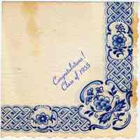 Digital image of paper napkin imprinted "Congratulations! Class of 1955" from a reception for class, Stevens Hoboken Academy, probably June, 1955.