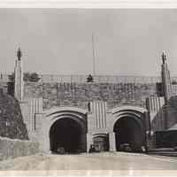          B+W photo of vehicles coming out of Lincoln Tunnel prior to official opening of north tube, Weehawken, Jan.31, 1945. picture number 1
   