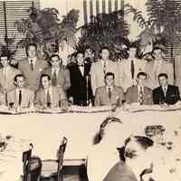 Digital image of b+w photo of Mayor Fred DeSapio at Sports Dinner with N.Y. Yankees players, Union Club, Hoboken, no date, ca. 1950-1953.