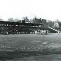 B+W photo of a football game at the athletic field of Stevens Institute of Technology, Hoboken, no date, ca. 1950.