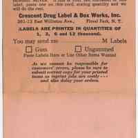 Postcard for ordering replacement drug labels, found in Stemple Pharmacy, 266 Seventh St., Hoboken, no date, ca. 1950-1960.