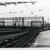 B+W photo of train yard at Erie Lackawanna Terminal, Hoboken, n.d., ca. 1965-1969.