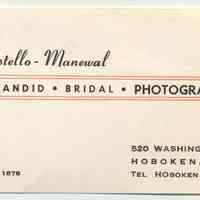 Digital image of the business card of Costello-Manewal, Photographers, 520 Washington St., Hoboken, ca. 1956.