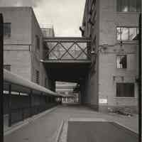 B+W photo of former Maxwell House Coffee plant exterior, looking north between Process Building & Soluble Building, Hoboken, 2003.