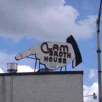 Digital image of Clam Broth House sign at NW corner of Newark & Rivers Sts., Hoboken, August 7, 2004.