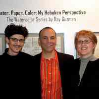 Color photos, 3, of Noah, Ray & Renata Guzman opening reception for Watercolors by Ray Guzman, Upper Gallery, HHM, Hoboken, Nov. 19, 2006.