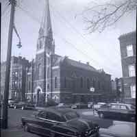 B+W photo negative of St. Matthew Lutheran Church, southwest corner of Hudson and 8th Sts., Hoboken, no date, ca. 1955-1956.