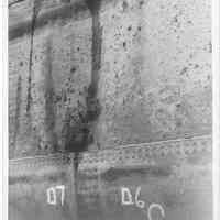 B+W photo detail view of riveted plates with leak, Hoboken, April, 1947.