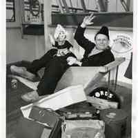 B+W photo of film producer Kees Manders posed for publicity shot on S.S. Ryndam, Holland America Line, Hoboken, March 23, 1953.