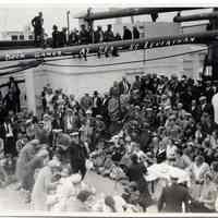 Sepia-tone photo of deck games at sea aboard S.S. Leviathan, United States Lines, n.d. ca. early 1930s.