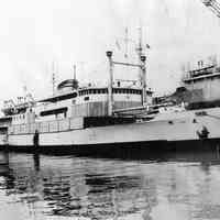 B+W photo of cargo ship Hu Men at Todd Shipyards dock, Hoboken, Jan. 20, 1949.