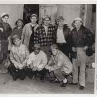 B+W photo group photo of sandhogs who escaped Lincoln Tunnel flooding during construction on N.Y. side, Jan. 25, 1956