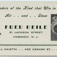 Blotter, ink (pigeon breeder/seller): Fred Deile, 91 Jackson Street, Hoboken, N.J. N.d, ca. 1930-1940.