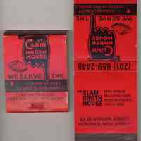 Matchbook imprinted Clam Broth House, West New York and 30-38 Newark St., Hoboken, no date, ca. 1985-1995.