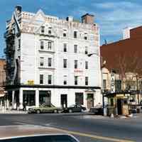 Color photos, 3, of Hotel Victor & parking lot north (former Lyric Theatre site), Hoboken, May 1986.