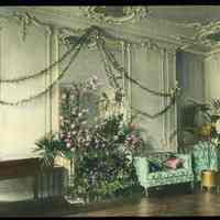 Lantern slide, color, of a floral decorated interior, used for promotional display in Hoboken, no date, ca. 1920.