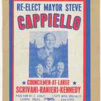 Political sticker: Re-elect Mayor Steve Cappiello; Councilmen-at-Large Scrivani - Ranieri - Kennedy. (Hoboken, probably May 1977 election.)