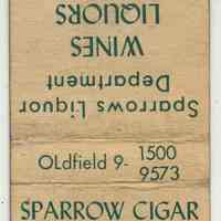 Matchbook cover: Sparrow Cigar Co, Inc., 126 Washington St., Hoboken. N.d., ca. 1950-1962.