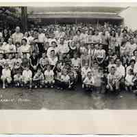 B+W panoramic group photo taken at Maxwell House Annual Picnic, Mazabrook Farms, Parsippany, NJ, July 13, 1957.