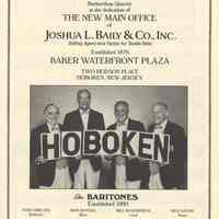Sheet music "Hoboken" prepared for celebrating opening of new main office of Joshua L. Baily & Co., Inc. at Baker Waterfront Plaza, Hoboken, 1987.
