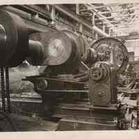          B+W photo of metal machined part (crank shaft) on lathe in machine shop, Bethlehem Steel Shipyard, Hoboken, n.d, ca. 1955-1957. picture number 1
   