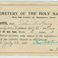 Receipt from Cemetery of the Holy Name to John F. Hrury for payment on a grave, July 26, 1911