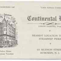 Trade card: Continental Hotel, Joseph Samperi, Prop., 101 Hudson Street, Hoboken, N.J. No date, circa 1925-1929.