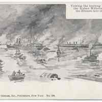 Postcard: [1900 Hoboken Pier fire.] Towing the burning steamers, the Saale, the Kaiser Wilhelm der Grosse and the Bremen into the Hudson River. No date, circa 1900-1901.