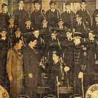 Digital image of printed b+w photo of Hoboken Recreation Center Drum & Bugle Corps receiving a trophy, Hoboken, no date, ca. 1940