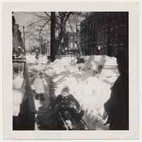 B+W photo of Donald Fontana & sister playing with sled on sidewalk after snowstorm, Hoboken, n.d., ca. 1968-1969.