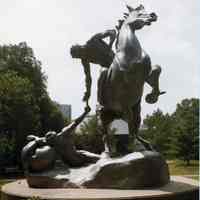 Color photo of sculpture, The Torch Bearers, on campus of Stevens Institute of Technology, Hoboken, Aug. 1981.