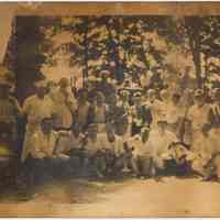 Sepia-tone photo of a Hoboken group on an forest outing, no place, no date, ca. 1930
