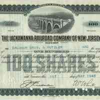 Stock certificate: The Lackawanna Railroad Company of New Jersey; 100 shares of Capital Stock issued to Salomon Bros. & Hutzler, May 1, 1945.