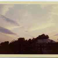 Color photo of Stevens Institute of Technology dormitory from Castle Point Lookout, Hoboken, Oct. 1962.