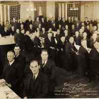 Sepia tone group photo of a testimonial dinner for William T. Sperber of Tietjen & Lang, Union City, May 11, 1936
