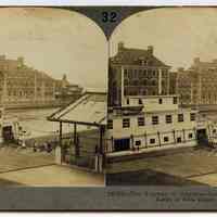 Stereoview: 32-16752 - The Gateway of America - Immigrants Landing from Barge at Ellis Island, N.Y. Keystone View Co., n.d., ca. 1915-1924.