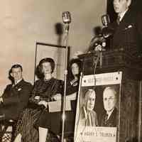 Digital image of b+w photo of Mayor Fred M. DeSapio at a campaign rally for re-election of President Harry S. Truman, Hoboken, Fall 1948.