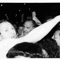 B+W photo of Tom Vezzetti with supporters on election night, Hoboken, [June 11, 1985].