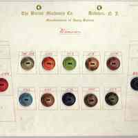 Sample card of ivory buttons from the Button Machinery Company, Hoboken factory at Grand & Eleventh Sts., no date, ca. 1930-1940.