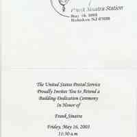 Invitation to the dedication ceremony for the Frank Sinatra Station, Hoboken Post Office, 89 River St., Hoboken, NJ 07030, May 16, 2003.