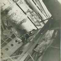 B+W photo of interior view of structural damage in an unidentified vessel at the Bethlehem Steel Shipyard, Hoboken Division, no