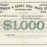 Bond [D.L. & W.]: Morris & Essex Railroad, NJ, 7% Convertible Bond, $1000 denomination, 1869. Specimen copy.