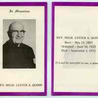 Memorial card: Rev. Msgr. Lester A. Quinn. Sept. 1975.