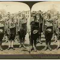 Stereoview: 14501 - Soldiers of Co. M. 312 Inf. with gas-masks adjusted, Camp Dix, N.J. Underwood & Underwood U-244702. Ca. 1914-1918.