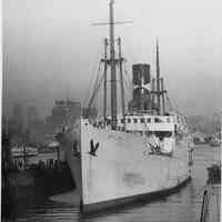 B+W photo of bow view of SS Castilla in wet dry dock, Hoboken, no date, ca. 1940.