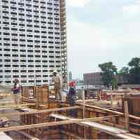 Image: color photo of a pile driver on the construction site of Marine View Towers, Hoboken, no date, ca. Summer, 1974.