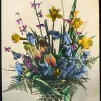 Lantern slide, color, of a floral arrangement in basket, used for promotional display in Hoboken, no date, ca. 1920.