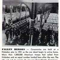 Reference image: Ceremonies held in a Hoboken pier for the war dead in flag-draped caskets, Hoboken, 1921.