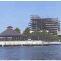 Color photo of pier A park seen from the Hudson River, looking west, Hoboken, ca. 2000.